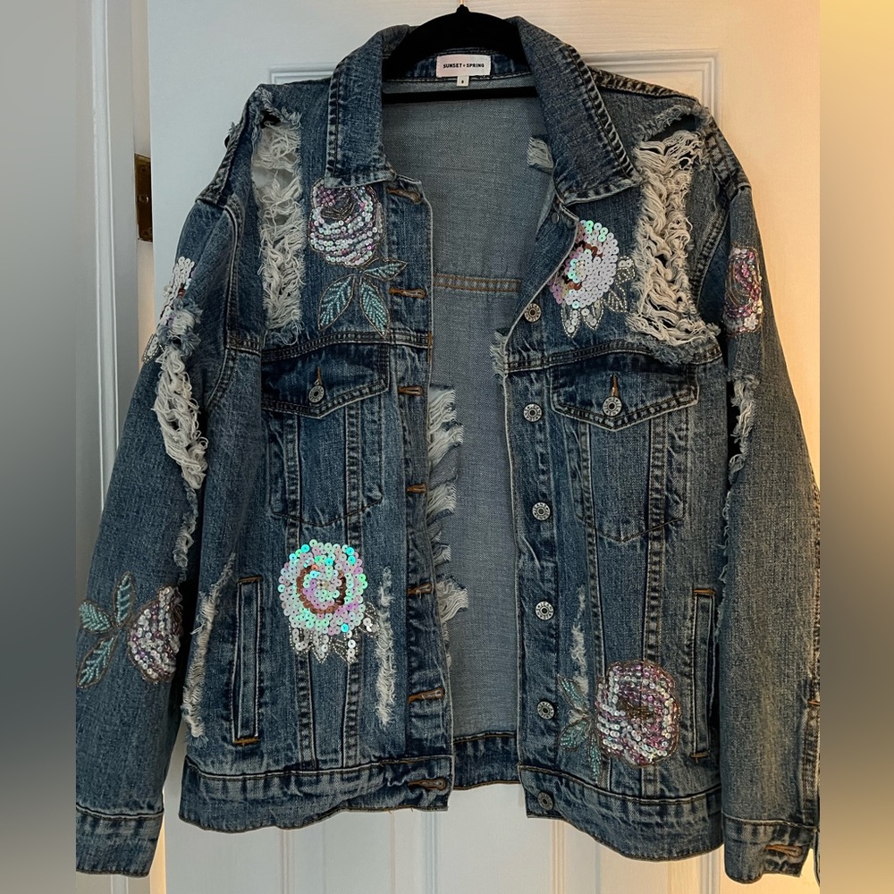 Sunset + Spring Distressed Embellished Denim Jacket